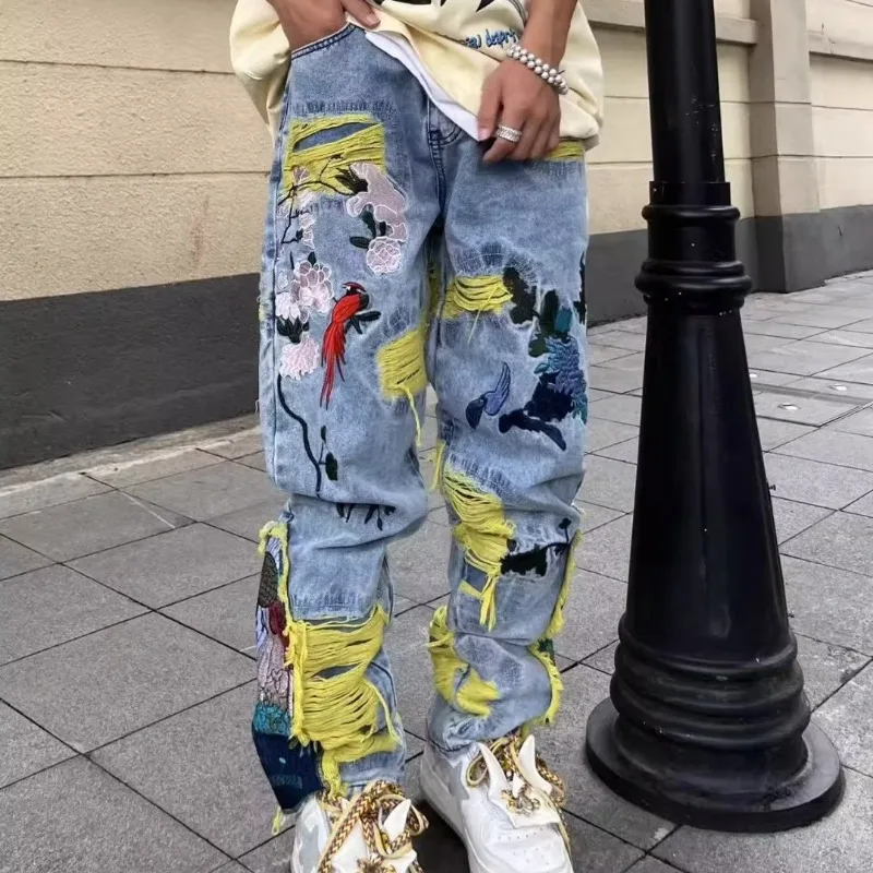 Street Fashion In Japanese - Американские винтажные потертые джинсы с вышивкой