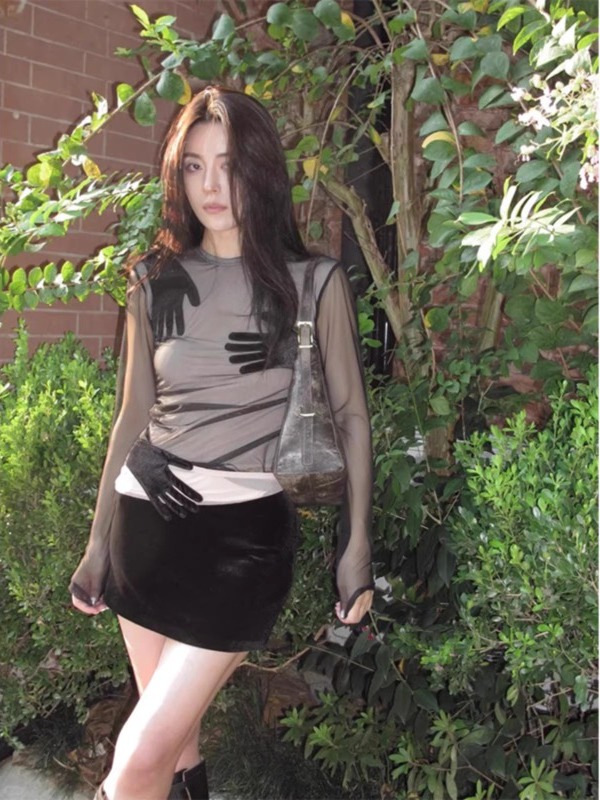Mesh Top Layering - Сексуальный однотонный черный топ с двойным