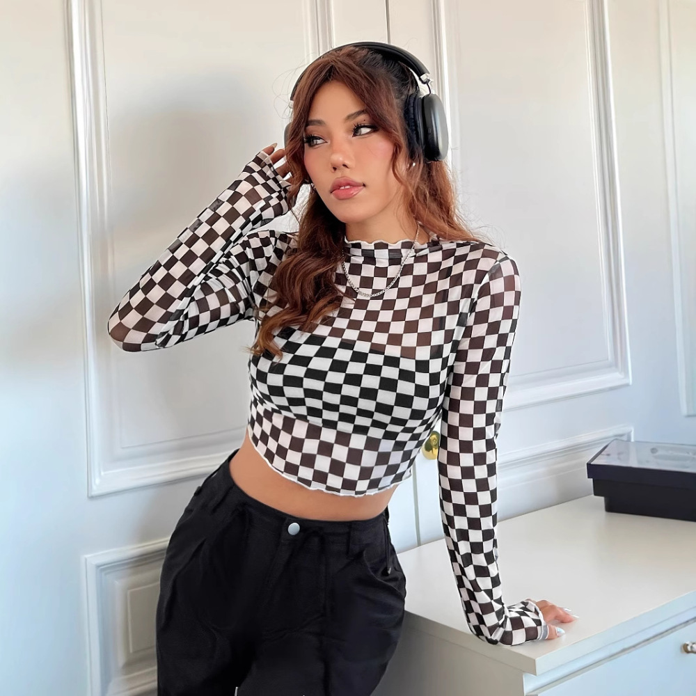 Mesh Top Layering - Новая женская сетчатая футболка с клетчатым
