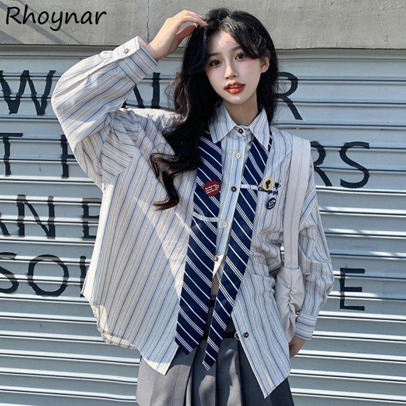 Street Fashion In Japanese - Полосатые женские мешковатые рубашки преппи милые