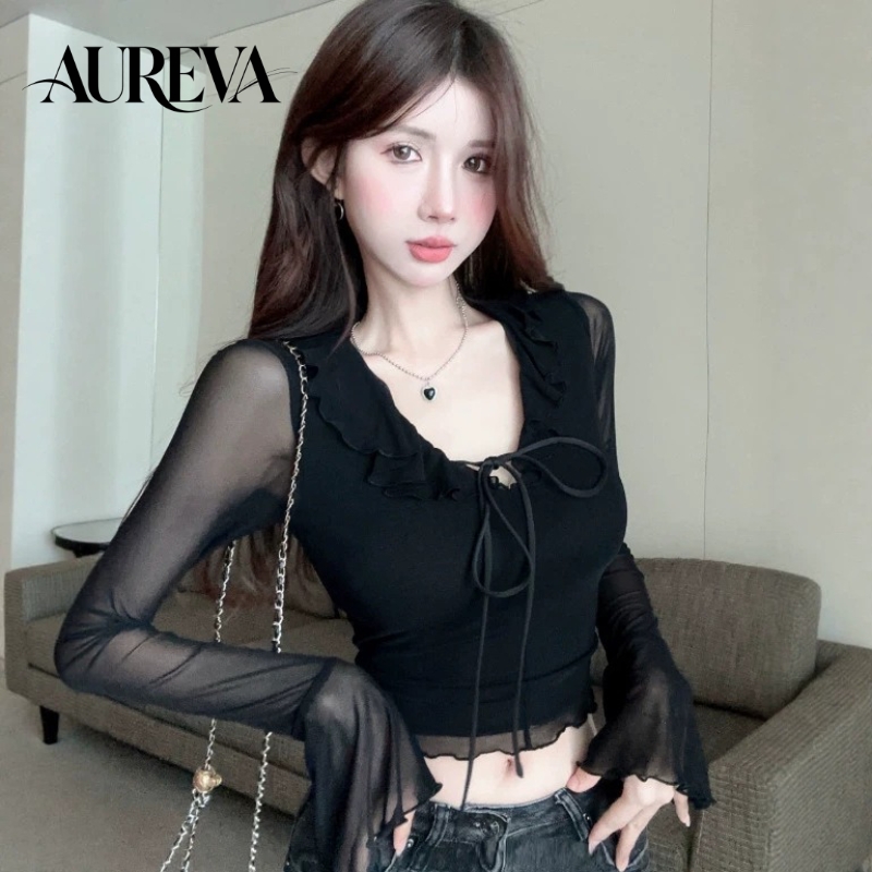 Mesh Top Layering - Женская блузка с V-образным вырезом и